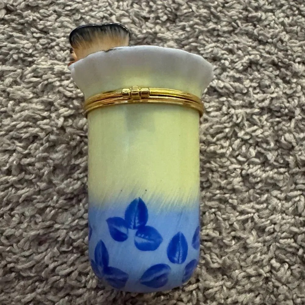 Vintage Bombay Company Porcelain Hinged Trinket Box Candle Butterfly Blue Flower